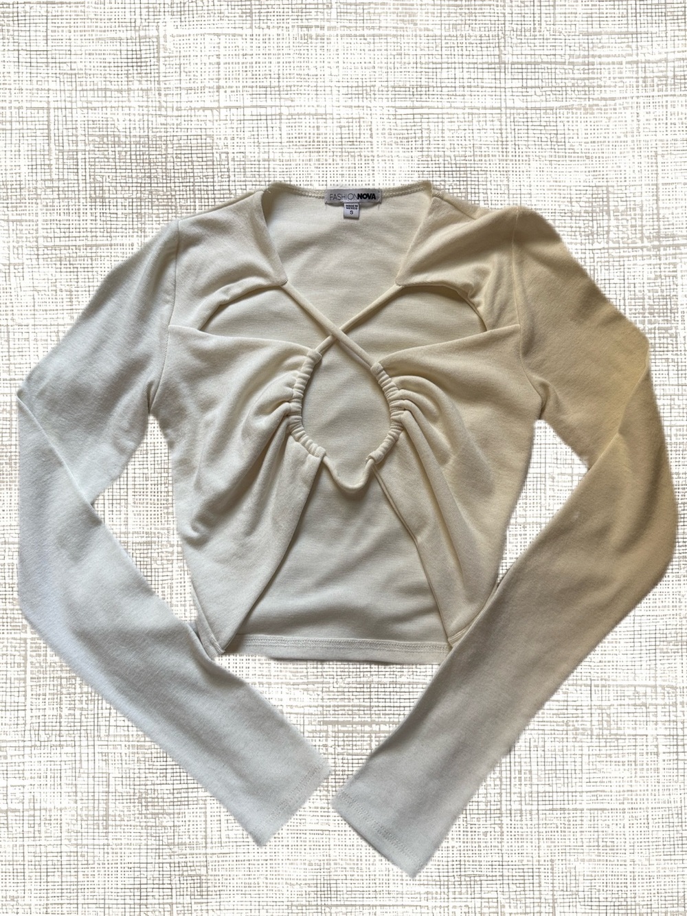 Fashion Nova Cream Long Sleeve Cutout Ruched Top